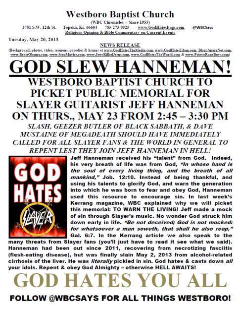 SLAYER To Fans: Westboro Baptist Church Protesting Jeff Hanneman’s Memorial – “Totally Ignore Them”